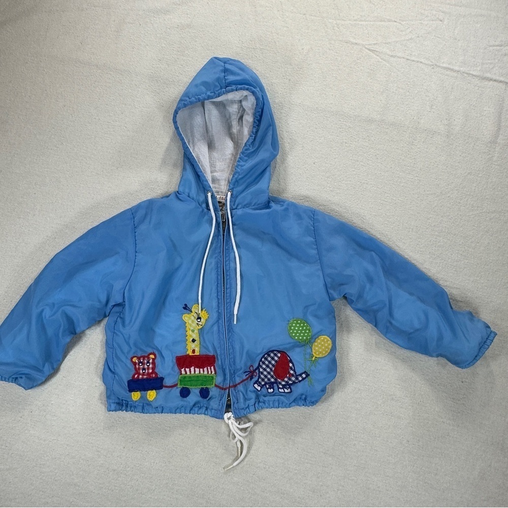VTG Sears Blue Kids Windbreaker Zip up Baby Jacket with Animal Train Sz 2T-3T
